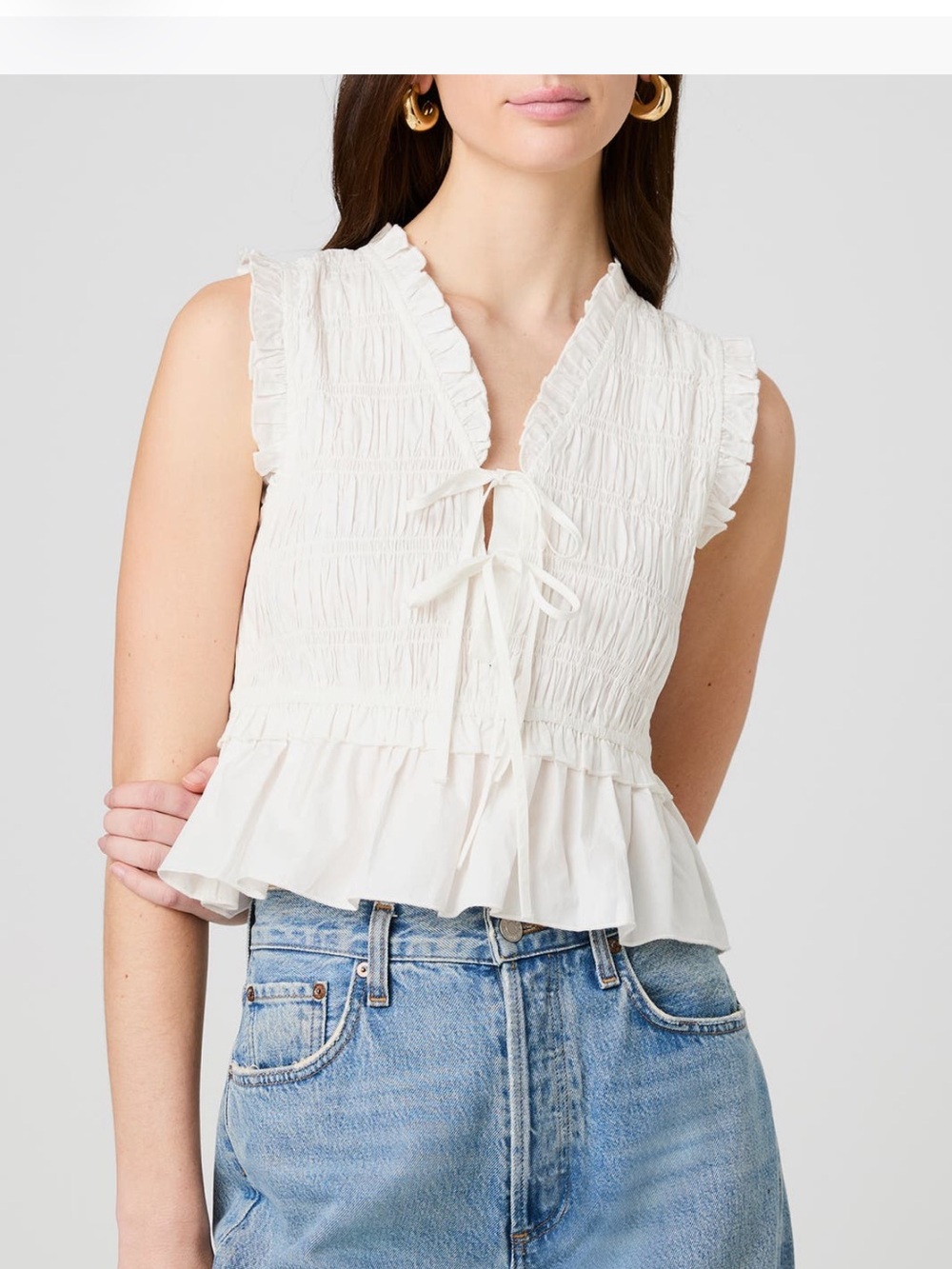 French Connection White Smocked Ruffle Tie-Front Peplum Top